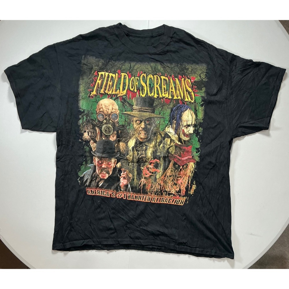 Field of Screams Haunted House Halloween T-Shirt Mens XL Black Horror Goth